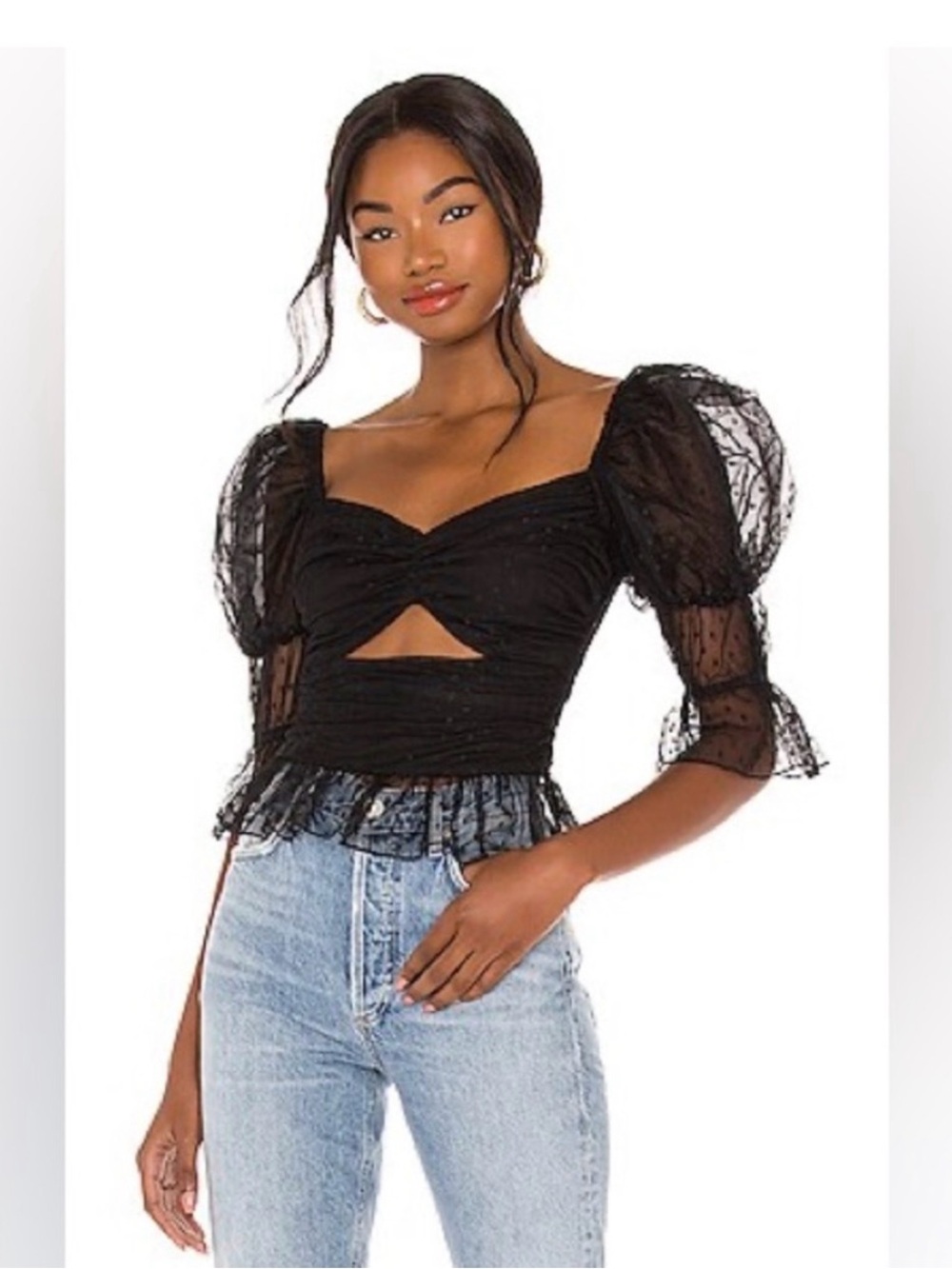 LPA Black Sheer Puff-Sleeve Cutout Peplum Top